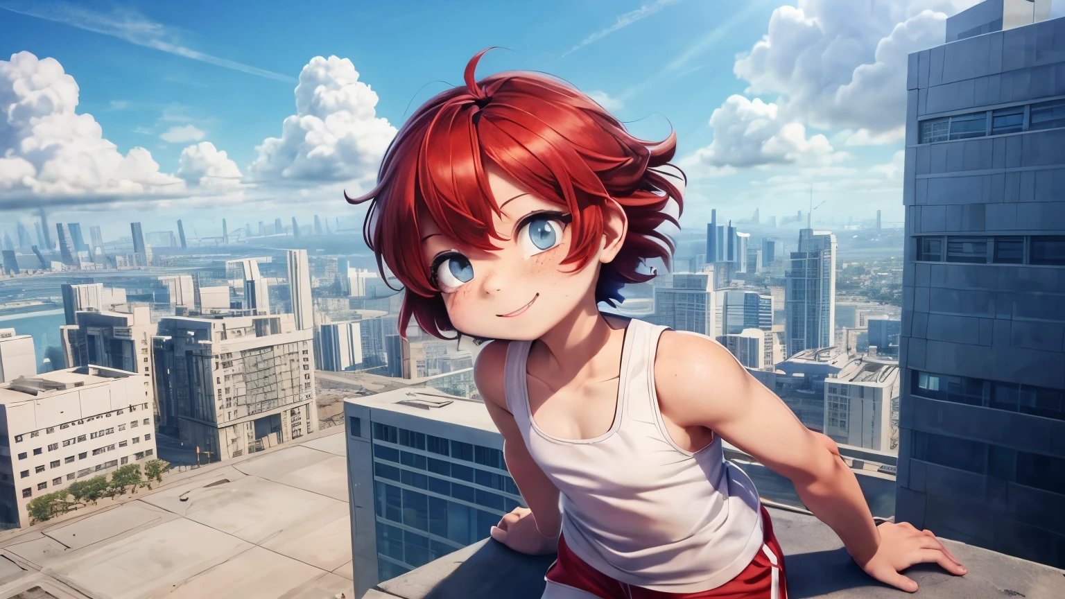 fly in the sky,girl１people,Futuristic buildings,fly in the sky飛空艇,Blue sky,Flowing Clouds,Be on the roof,Looking up at the sky in the distance,Short Hair,Shortcuts,Red hair color,Blue Eyes,11 years old,boyish,アジアpeople,smile,Primary school students,Sunburned skin,Being thin,freckles,White shorts,White tank top,Red jacket,High angle,