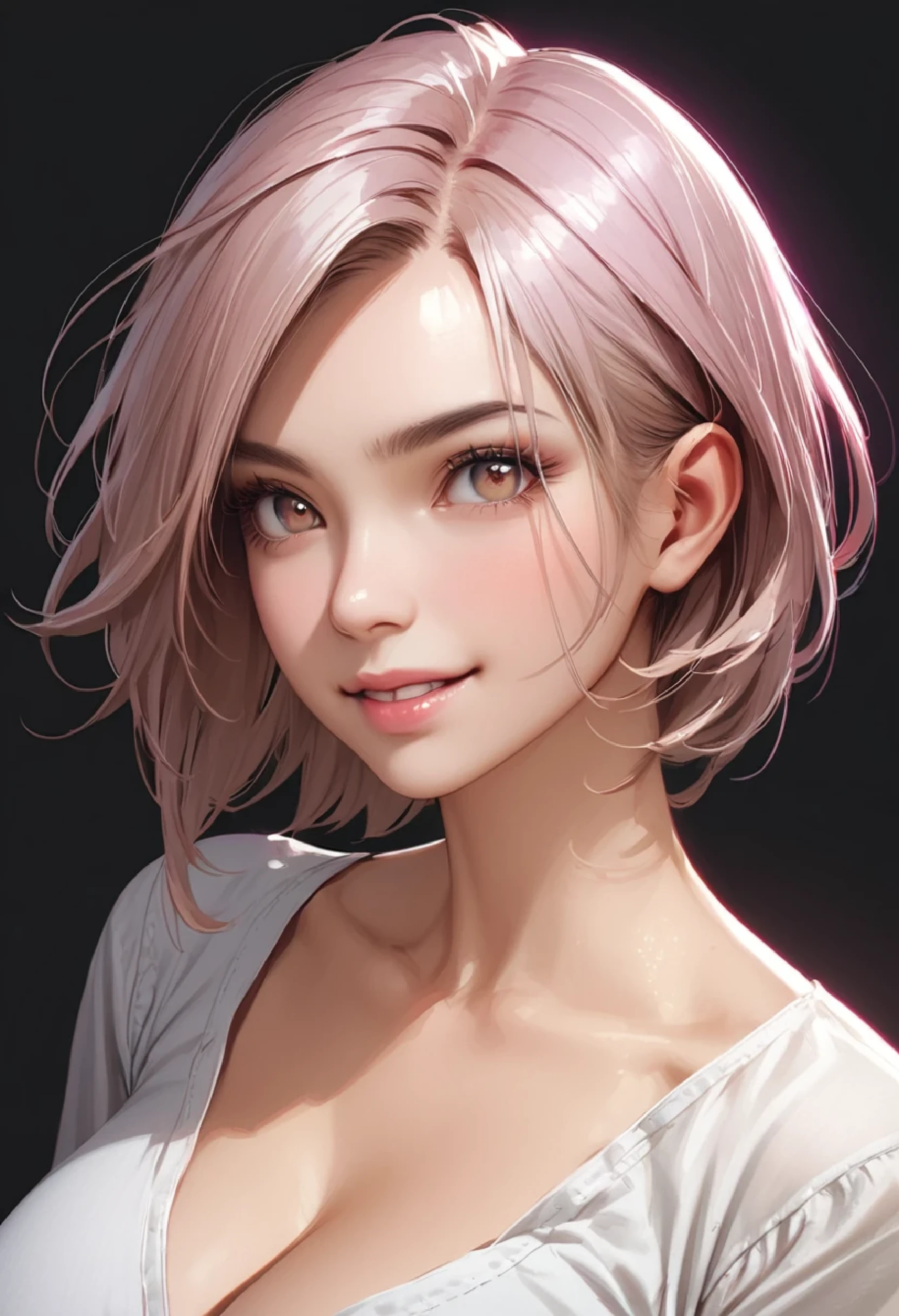 (software:1.8, highest quality), 1 girl, alone, Realistic, Realistic, Looking at the audience, Light brown eyes:1.4, Brunette Short Bob Hair with highly detailed shiny hair, Lepangas:1.4), Mouth closed, Upper Body, big chest eye, eyelash, {Huge|big chest|Huge|Mega} whole :2, Chest cleavage:2, (((Add highlights to the eyes:1.4, big chest eye, Glowing Skin:1.4, Looking at the audience, Show me your ears, Beautiful long neck, smile, Bangs and beautiful teeth))), Ideal body type, ((beautiful, blank purple background:2, Simple, Blank blue sky background:2, Very simple white background:2)), (modern), Light skin tone, (Photorealistic:1.4), 8K Ultra HD, Dynamic movie lighting, highest quality, multiple girls, thighhighs, Beautiful long neck:1.4, (({Huge|big|Huge|Mega} chest, Chest cleavage:2, Upper Bodyは服を着ていない:1.6)), (((Portraiture:2, Face close-up:2)))