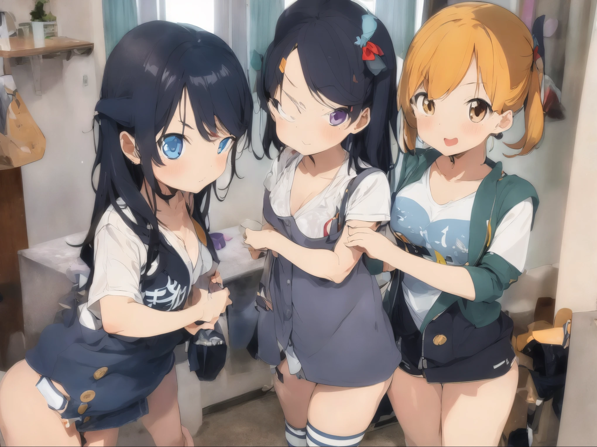 Three anime girls in school uniforms are posing for a picture - SeaArt AI