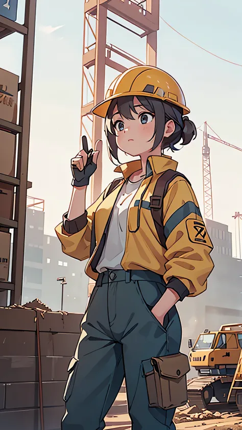Girl at the construction site, wear long sleeve shirts, cargo pants, Safety Helmet, and holding a A powerful method in her hand....