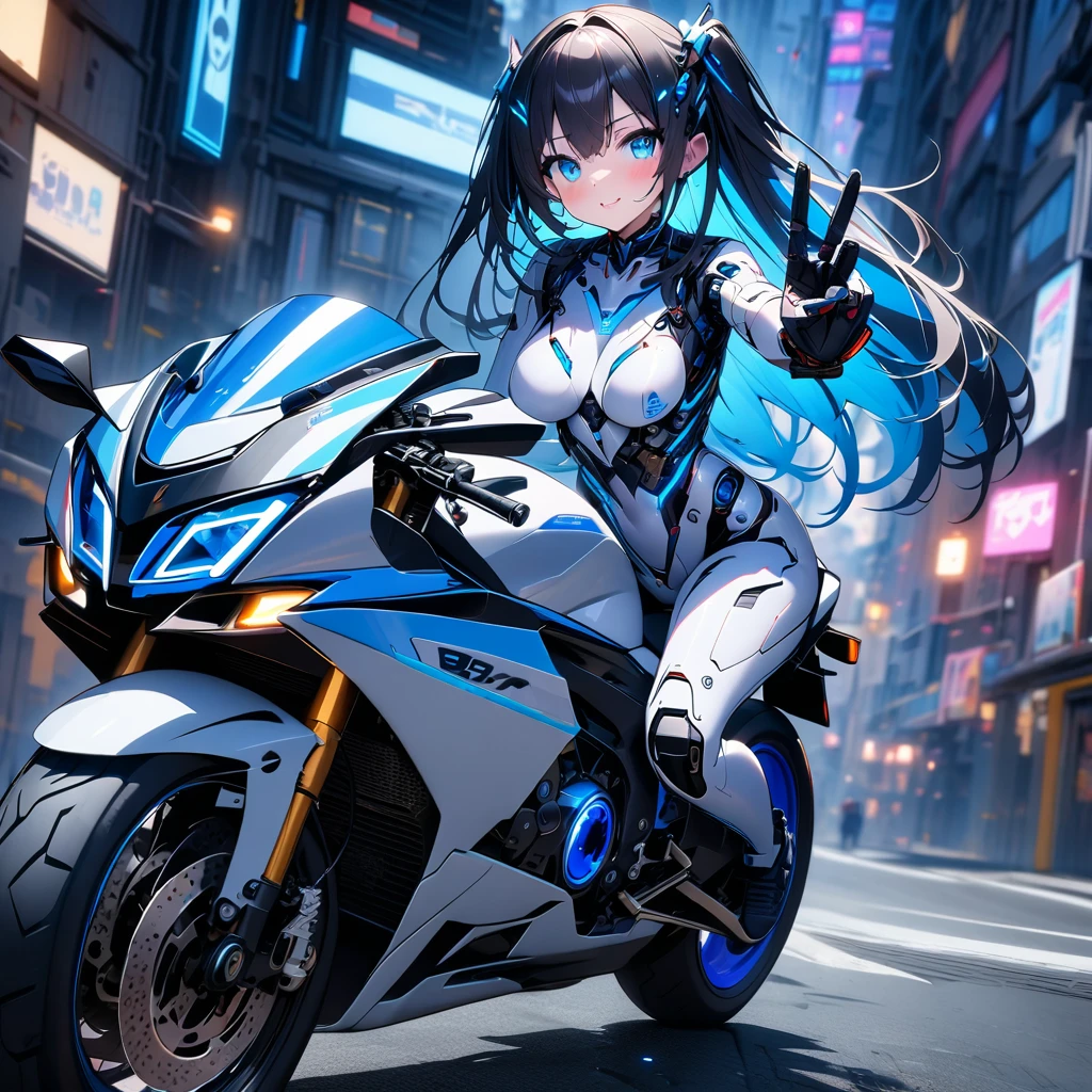 High quality, high definition images, full HD、
8k.(1 white long hair ai cyborg girl )、(black on white cyborg body) , many mechanisms are visible,Many blue lights on the exterior、Riding a modern bike、white and blue modern motorbike ,blue light on the exterior、V sign to the camera