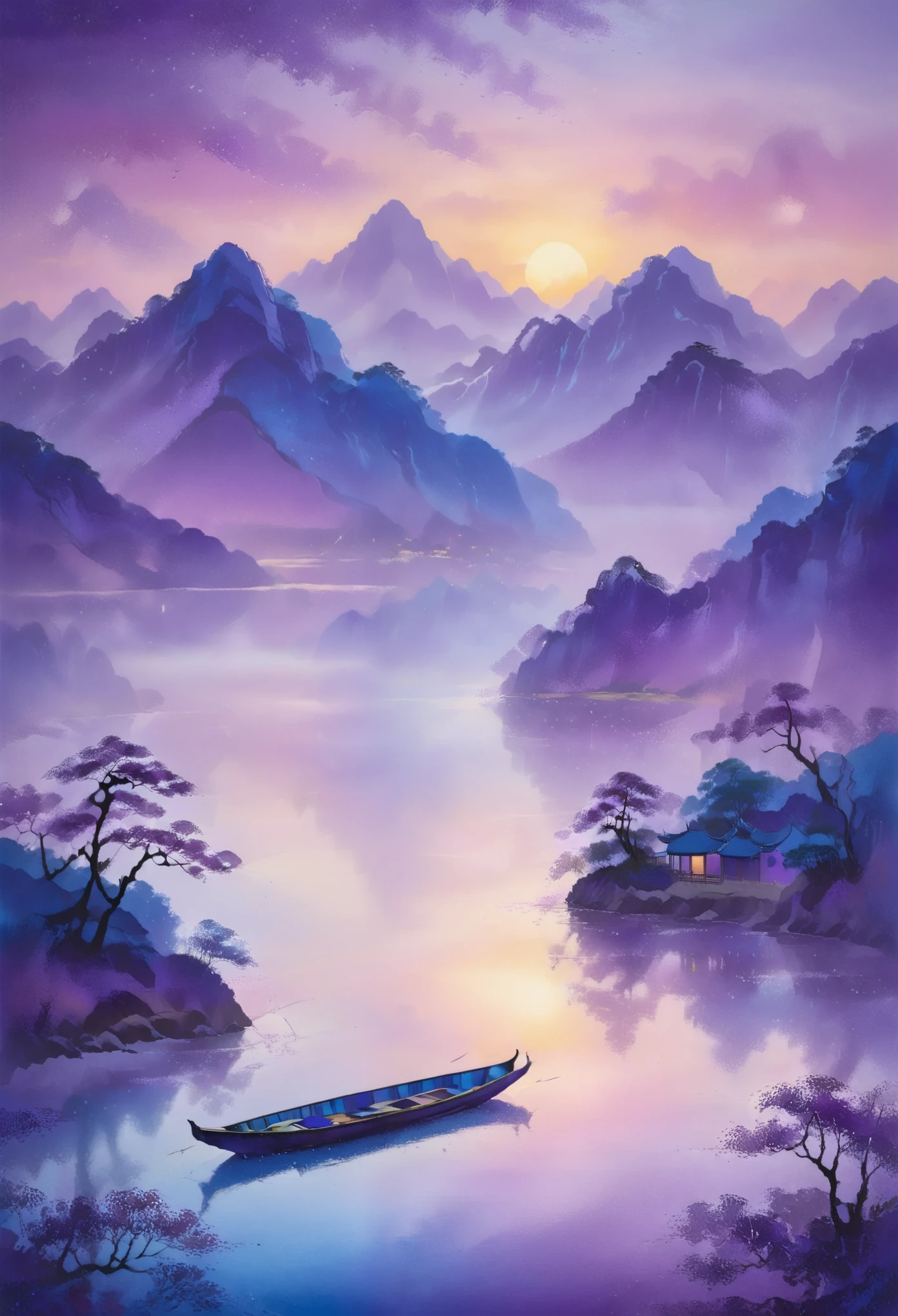 Impression color,Peaceful lake scene, mountain silhouette, pointillism texture, blue and purple gradient sky, textured surface, lone star boat, serene mood, ethereal glow, Asian influence, tranquil water, misty atmosphere,