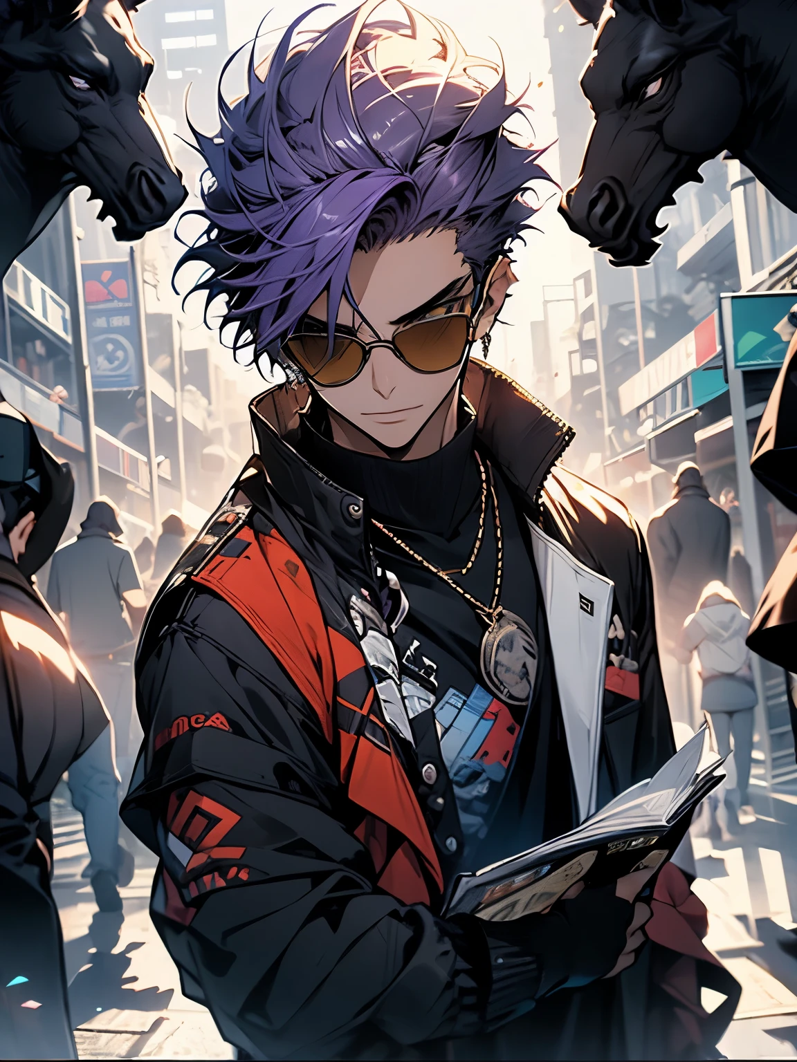 One Boy, Purple Hair, all back, Pointy sunglasses, Jacket, Blue T-shirt underneath, He is holding a horse racing newspaper in his hand., 