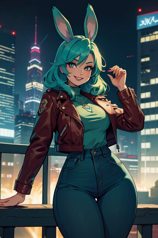 A light teal haired woman with one red eye and one green eye with an hourglass figure with light teal bunny ears wearing a leather jacket and jeans is smiling while looking out at the cityscape
