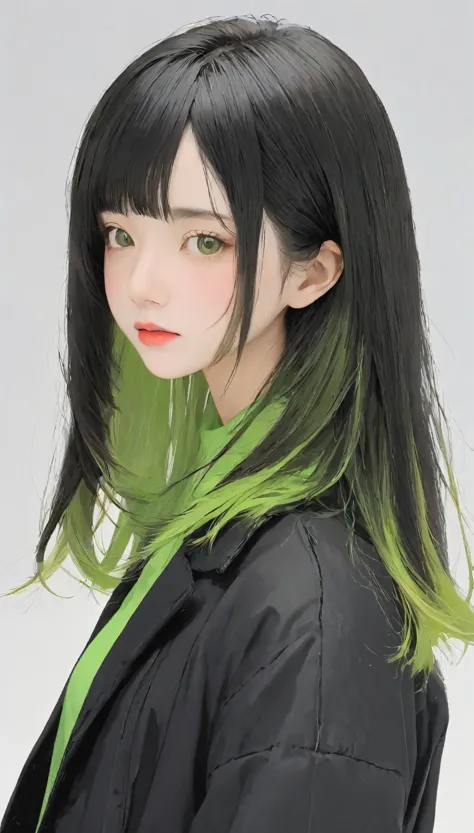 masterpiece、white background、18-year-old female、casual attire such as a black or green jacket、black-haired、waist-length hair、cha...