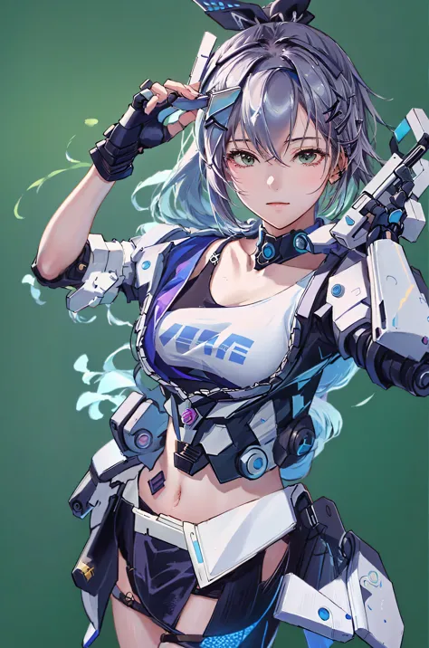 anime girl with a gun in her hand and a green background, kantai collection style, from girls frontline, oppai cyberpunk, mechan...