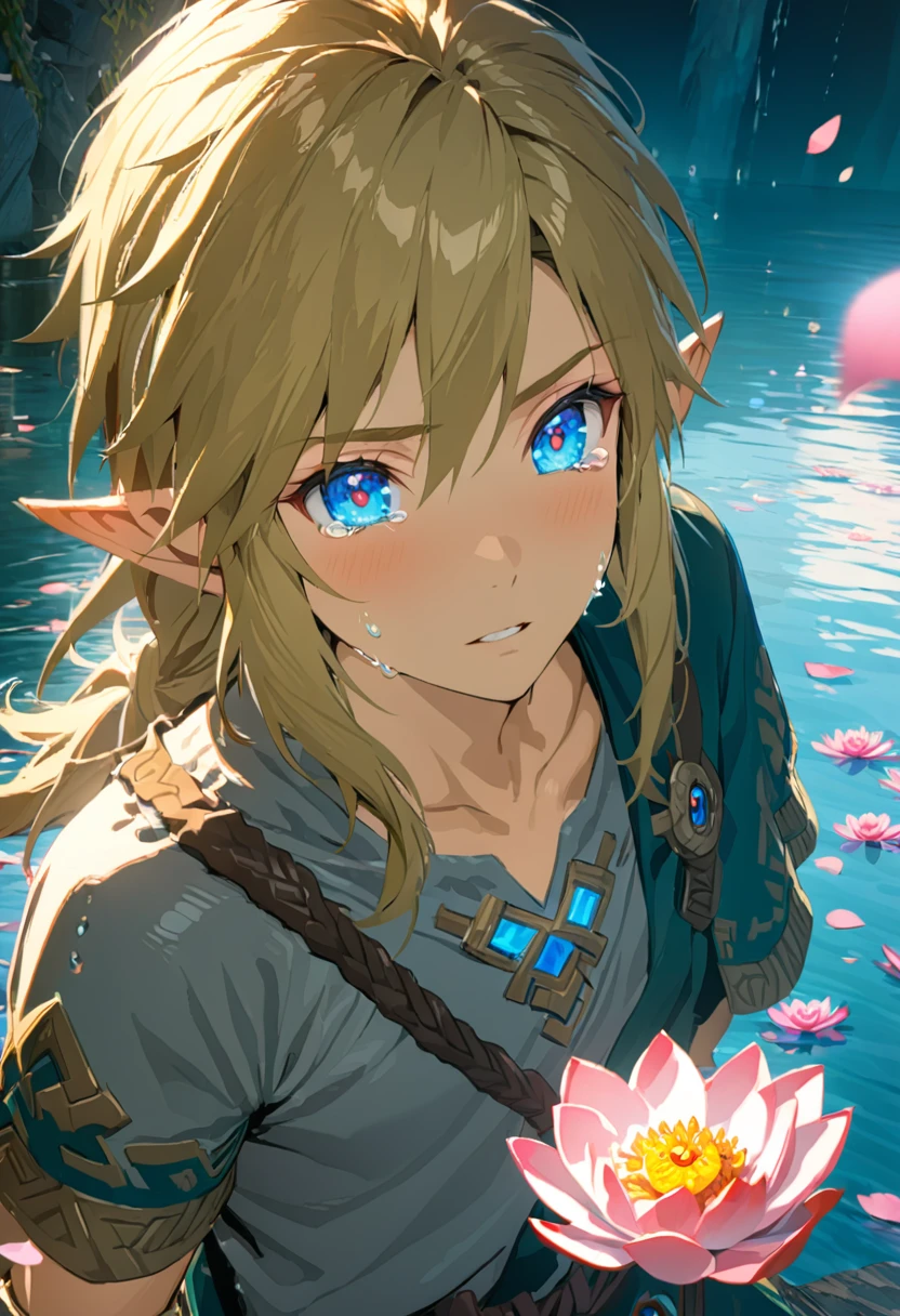 absurd resolution, high resolution, ultra detailed, HDR, master piece, best quality, extremely detailed face and eyes, beautiful vibrant eyes, Link, blonde hair, expressive blue eyes, the legend of zelda tears of the kingdom, solo, man, handsome, water, pink lotus, petals, pink butterflies