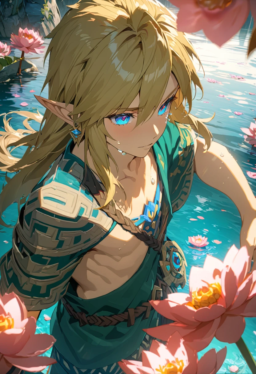 absurd resolution, high resolution, ultra detailed, HDR, master piece, best quality, extremely detailed face and eyes, beautiful vibrant eyes, Link, blonde hair, expressive blue eyes, the legend of zelda tears of the kingdom, solo, man, handsome, water, pink lotus, petals, pink butterflies