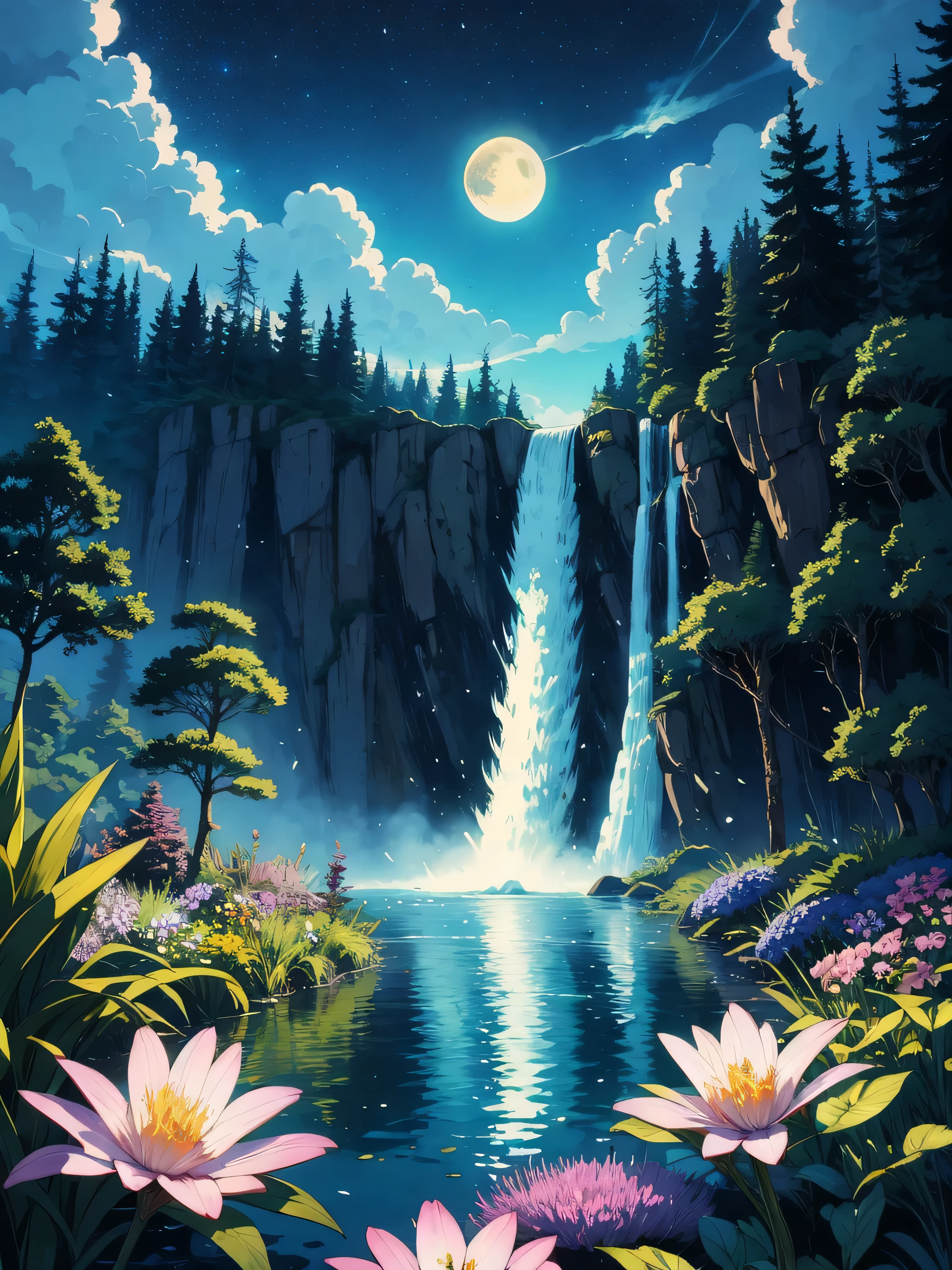 In the heart of a mystical forest, where the moonlight filters through the dense canopy, casting ethereal shadows, a majestic waterfall descends from towering cliffs into a pool of shimmering water. Delicate flowers bloom along the water's edge, their vibrant colors popping against the monochromatic backdrop. Above, wispy clouds drift across the night sky, illuminated by the soft glow of starlight, while fireflies dance around the scene, adding a touch of magic."