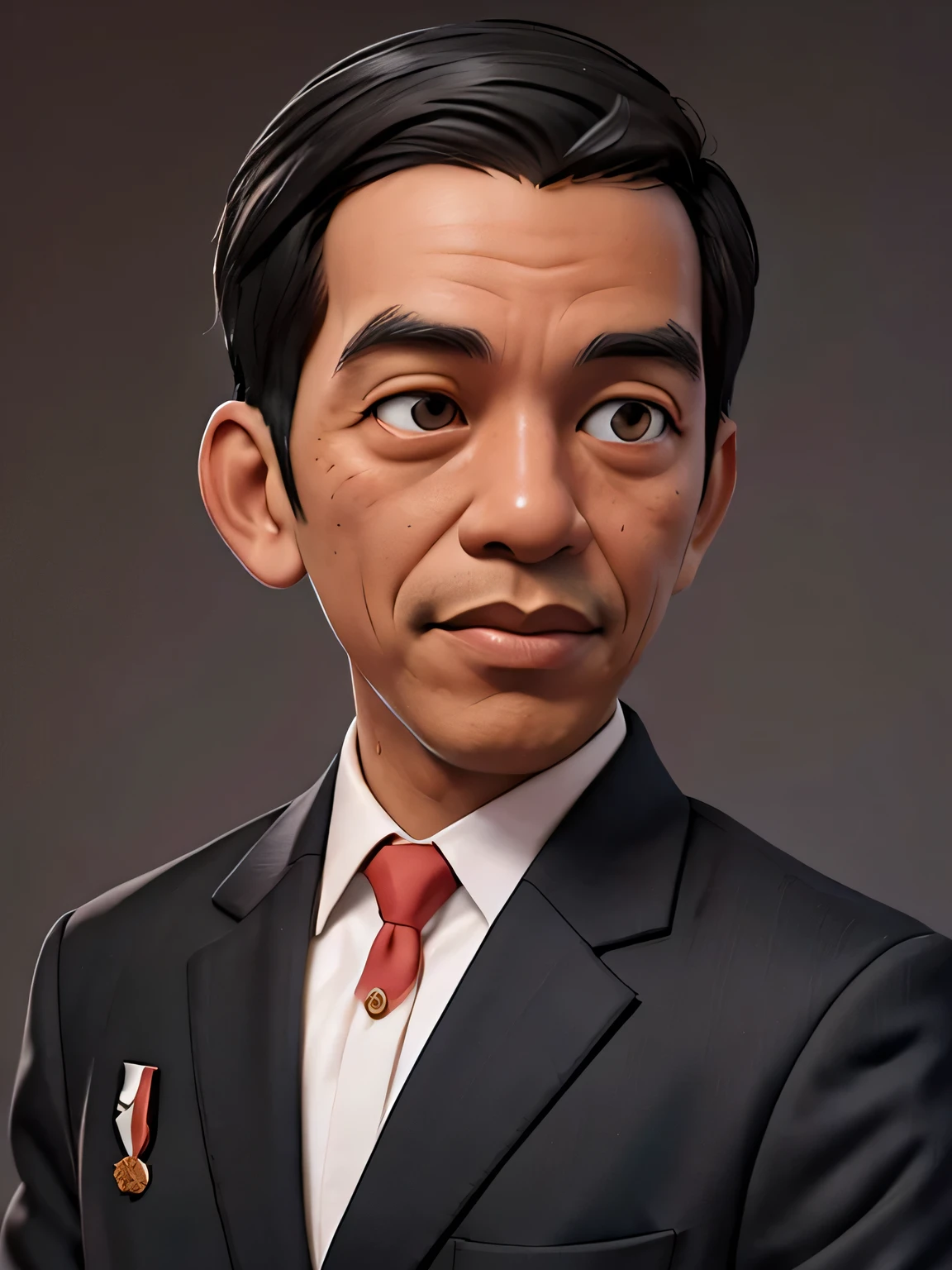 jokowi, männlich, 3D cartoon character, 3D, Cartoon-Stil, Halber Körper, schwarze Suite, weicher Hintergrund