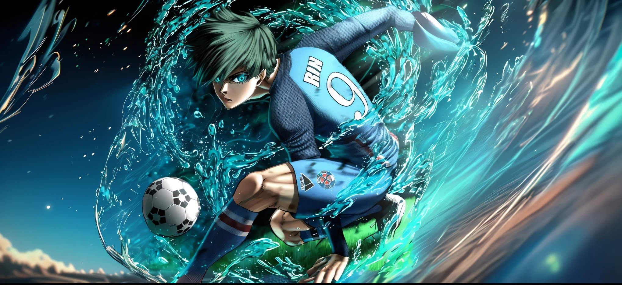 Anime character in a blue uniform kicking a soccer ball in the water -  SeaArt AI