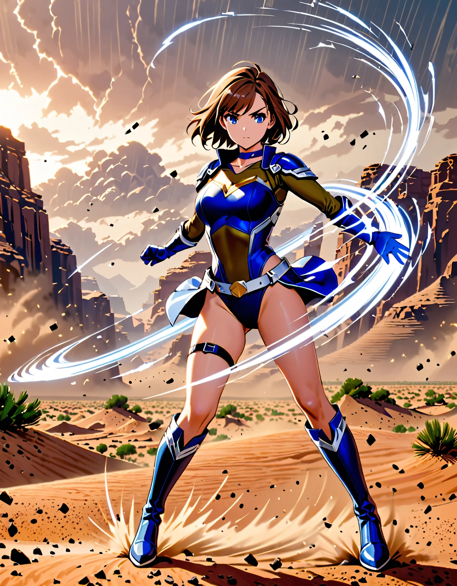 1girl, superhero, blue choker, blue eyes, blue footwear, blue gloves, boots, (leotard, midriff, long sleeves), medium breasts, brown hair, knee boots, short hair, bob hair, solo, determined, full body, desert backdrop, sandstorm, college-age female. raised arms. She spins at an incredible speed, creating a whirlwind of air around her. She rotates her body in place at super speed. She spins fast in place like a tornado. Cyclone spinning. Rapid gyration. Tornado winds around her. She super-spins. Spiral lines around her body. Curved sword slash.
