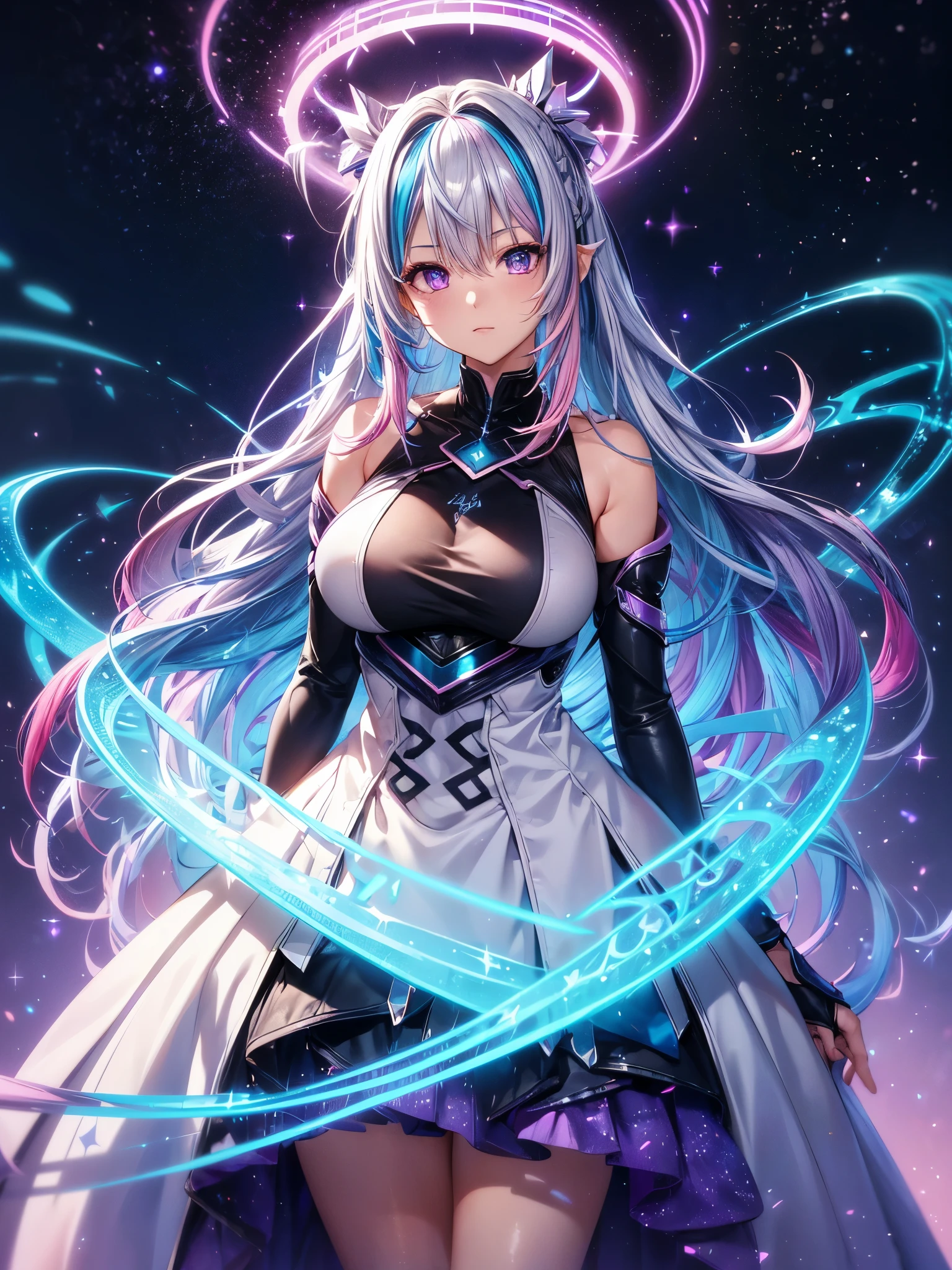 1 girl, one person, (Silver blue hair streaked pink purple:1.4), (Gradient sky blue hair ends:1.6), hair strand, absurdly long hair, single sidelock, wavy hair, shiny hair, floating hair, (Illusion deep purple eyes), delicate eyes, aqua eyes, High like real eyes, ((glowing eyes)), makeup, Focus on face, Very detailed facial, hot body, Random environment, Random pose, on the street, looking at the starry night sky, meteor, Technical clothing masterpiece, White extra long skirt, universe, galaxy, several cross stars beside, Colored lights swirl around the body, (((Extra super huge colorful extra super complex multiple glowing magic circle upright on the back of the head))), cyberpunk, full body shot, realism anime, chiaroscuro, (glowing light), sparkle, ray tracing, cinematic lighting, Futurism, motion blur, perfect transition, god rays, atmospheric perspective, best quality, UHD, super detail, masterpiece, highres, ccurate, retina, Octane Render