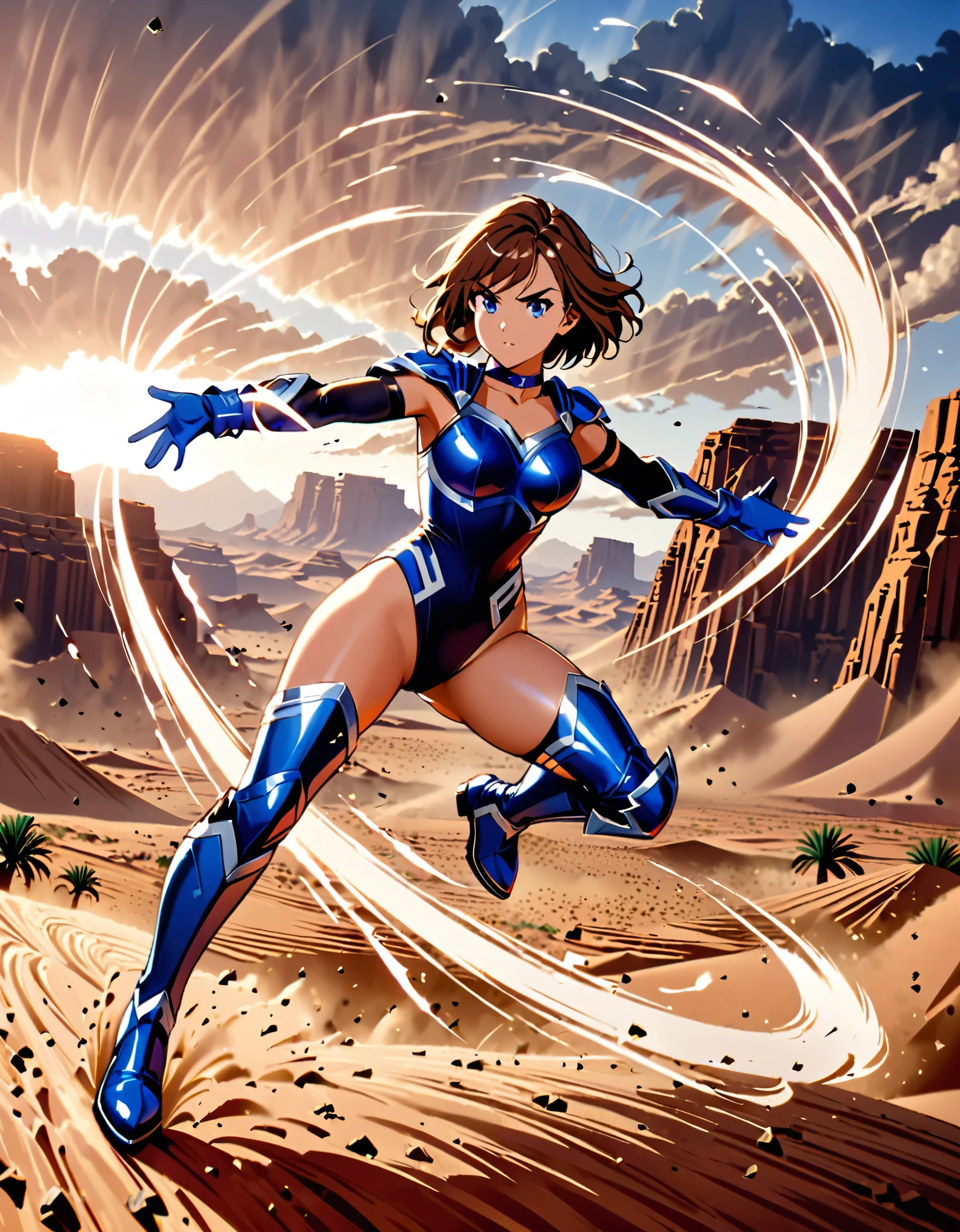 1girl, superhero, blue choker, blue eyes, blue footwear, blue gloves, boots, (leotard, midriff, long sleeves), medium breasts, brown hair, knee boots, short hair, bob hair, solo, determined, full body, college-age female. raised arms. desert backdrop, sandstorm. She spins at an incredible speed, creating a whirlwind of air around her. She rotates her body in place at super speed. She spins fast in place like a tornado. Cyclone spinning. Rapid gyration. Tornado winds around her. She super-spins. Spiral lines around her body. Curved sword slash.