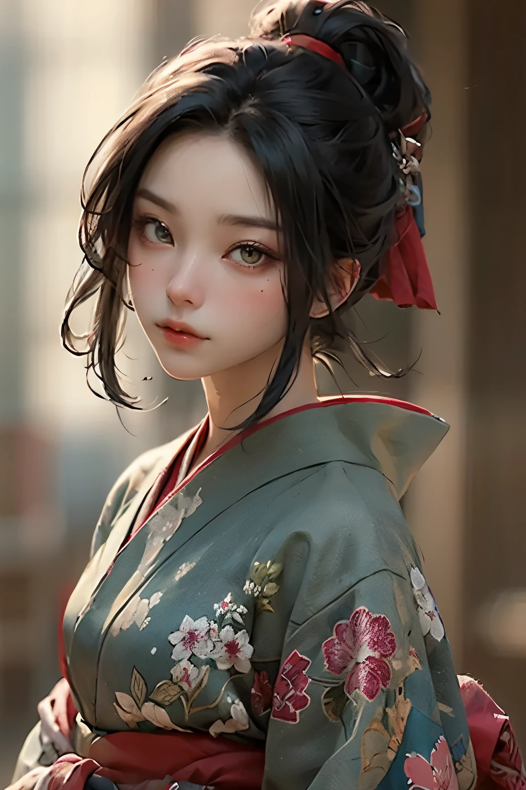 ((melhor qualidade)), ((obra de arte)), (detalhado), rosto perfeito

sumi-e art, kunoichi, green eyes, blue long kimono,  black hair, red bandana