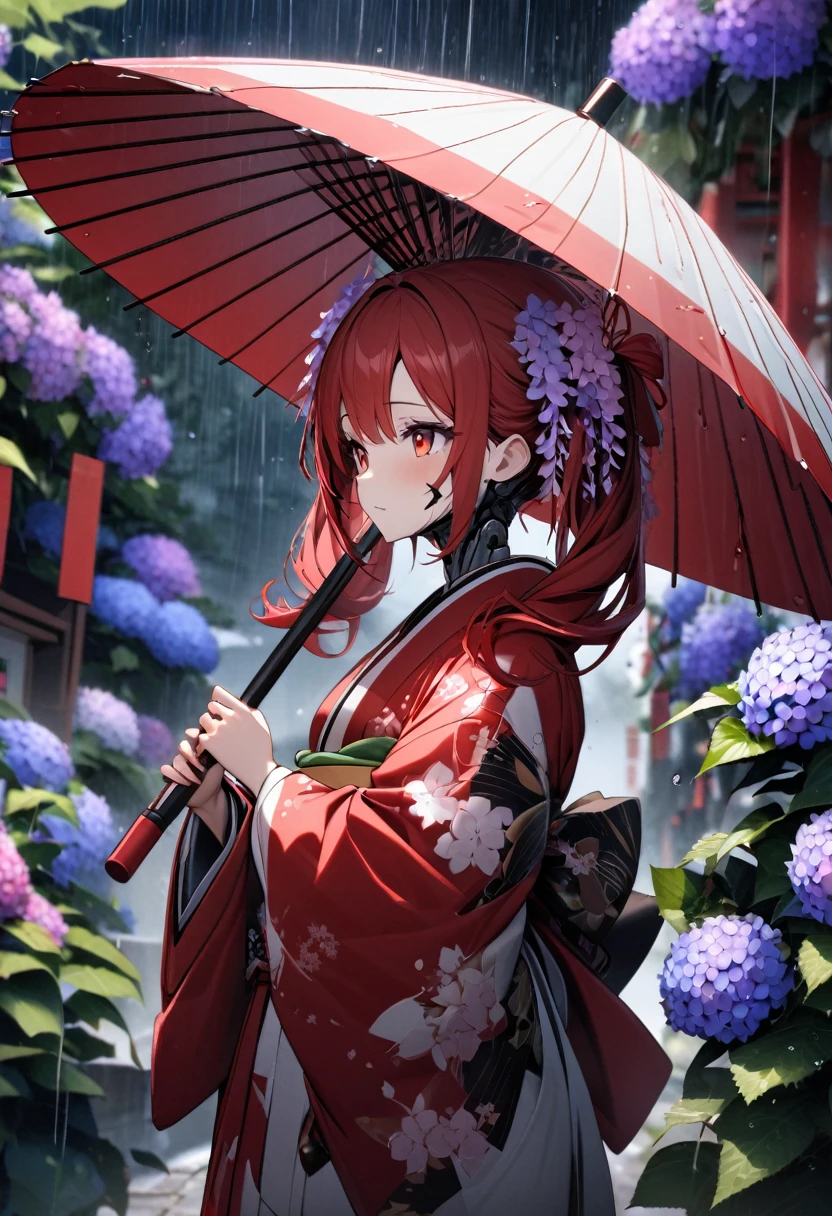 High quality, high definition, hig
h precision images,8k 1 girl、red hair,Twin tails,Red eyes.(robot style red and white barrette)、cyborg style gorgeous red and white Japanese kimono,Many hydrangeas in the background, Holding a cyborg-style Japanese umbrella 、wisteria flower decoration in hair,it's raining,