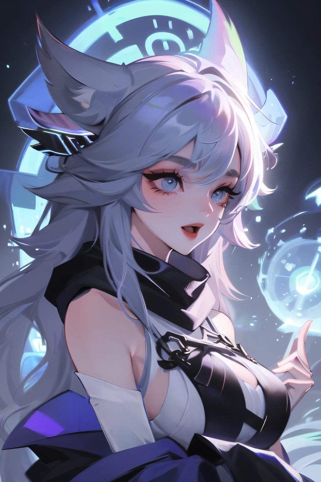 1 Girl, Animal ears绒毛, Animal ears, Aqua eyes, Bangs, black coat, breast, Buttons, coat, Cross your arms, Fox ears, Fox Girl, high resolution, large breast, Long hair, Looking at the audience, open mouth, Partially unraveled,  road, scarf, shirt, Short eyebrows, Smile, Solitary, permanent, street, Tail, thick eyebrows, Upper Body, white shirt, From below