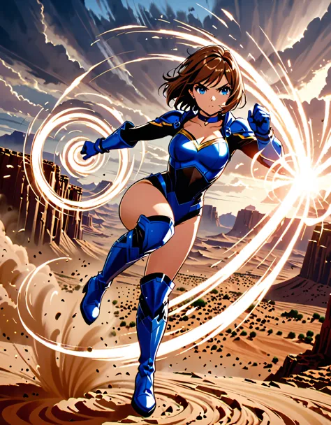 1girl, superhero, blue choker, blue eyes, blue footwear, blue gloves, boots, (leotard, midriff, long sleeves), medium breasts, b...