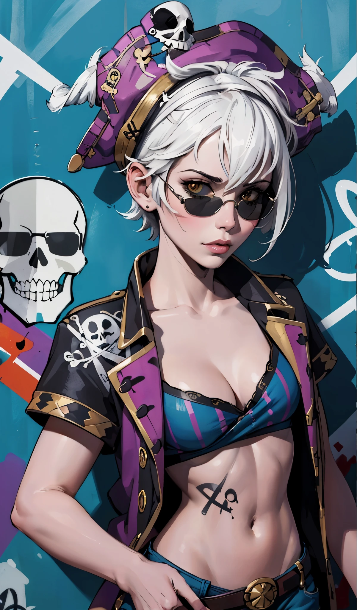 watercolor painting, 8K resolution、((highest quality))、((masterpiece))、((Super detailed))、1 female、alone、incredibly absurd、 (((The most beautiful pirate girl of all time))), (((Stylish sunglasses))), lips in love, white skin, pirate hat, skull fashion, neon、short cut hair、small breasts, (((graffiti art))), colorful hair, provocative