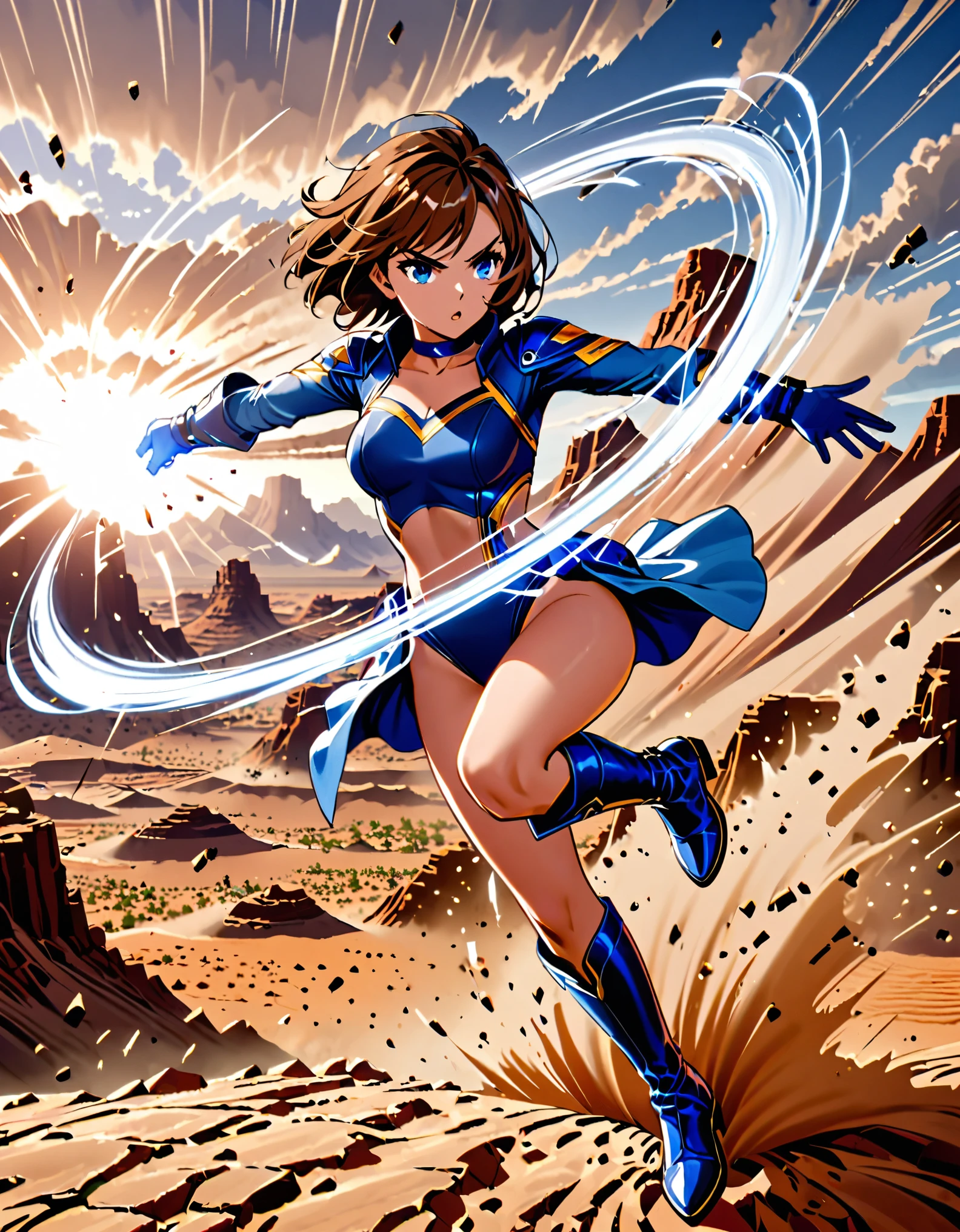 1girl, superhero, blue choker, blue eyes, blue footwear, blue gloves, boots, (leotard, midriff, long sleeves), medium breasts, brown hair, knee boots, short hair, bob hair, solo, determined, full body, college-age female. raised arms. desert backdrop, sandstorm. She spins at an incredible speed, creating a whirlwind of air around her. She rotates her body in place at super speed. She spins fast in place like a tornado. Cyclone spinning. Rapid gyration. Tornado winds around her. She super-spins. Spiral lines around her body. Curved sword slash.