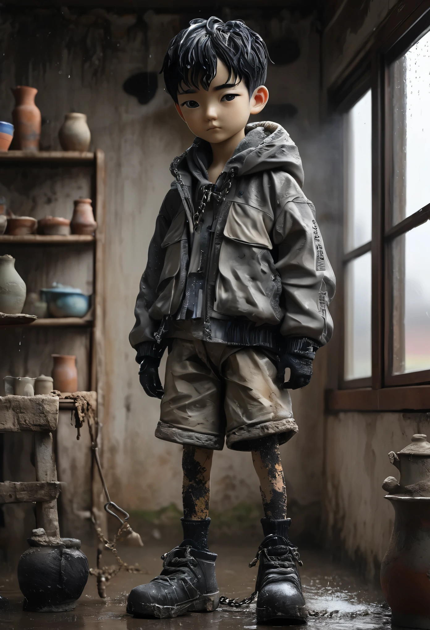 （Best quality：1.2），超轻clay，clay，Pottery，old，dirty，Mineral pigments，3Dclay sculpture艺术，clay sculpture，Rough surface，(((1boy，黑Gloves，Chain，
whole body，Gloves，jacket，shirt，shorts，individual，Standing，Footwear，Winning))),Rainy Day，Windowsill，spring