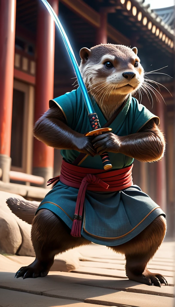 (best quality,4k,8k,highres,masterpiece:1.2),ultra-detailed,(realistic,photorealistic,photo-realistic:1.37),absurde, RAW photo, highly detailed, masterpiece, illustration, an otter in ninja outfit, holds katana,  immersive background of ancient japan, smoke elements in background and ground level, dynamic angle, world masterpiece theater, ink, Amazing, cinematic lighting, lens_flare, dunhuang_style