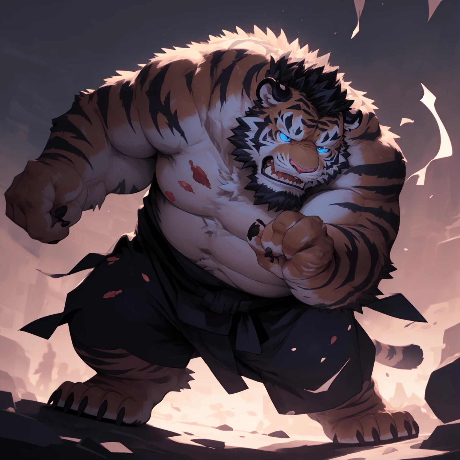 New Jersey 5 Furry,Tiger，Chubby，Fat，Thick arms，Rugged muscles，Topless，Plush fur，Chubby脸，Black eyebrows，Sky blue eyes，Beard，masterpiece,best quality,Extremely detailed face, Dynamic Angle, (dynamic fight pose), Japanese sword, (Samurai sword), covered in wounds，Bloodstain，Motion trajectory, dream, , Popular on artstation, Solitary, (Black Kimono),anger,barbarous,Grit your teeth, Correct anatomy, The right hand,,HD, dim ,dark,dark shadows, light against dark,Movie, Dramatic lighting,Wide dynamic range,