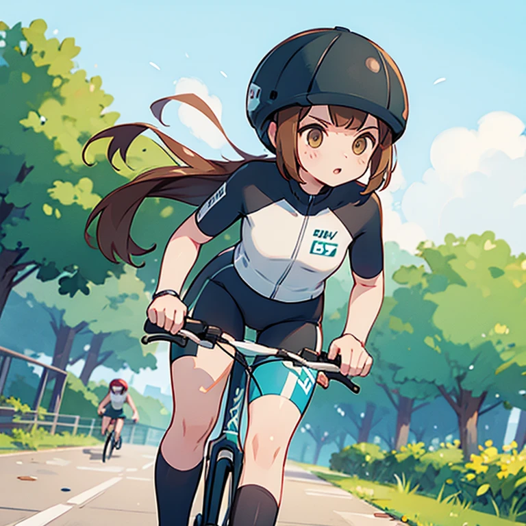 自転車に乗る女の子　サイクリングパス　サイクリングジャージとレーシングパンツ