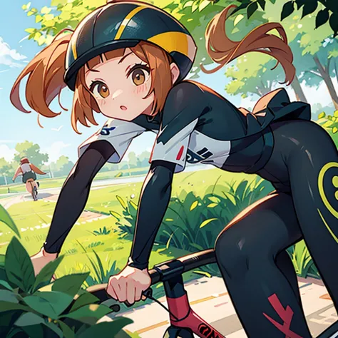 Girls riding bicycles　Cycling Paths　Cycling jersey and racing pants
