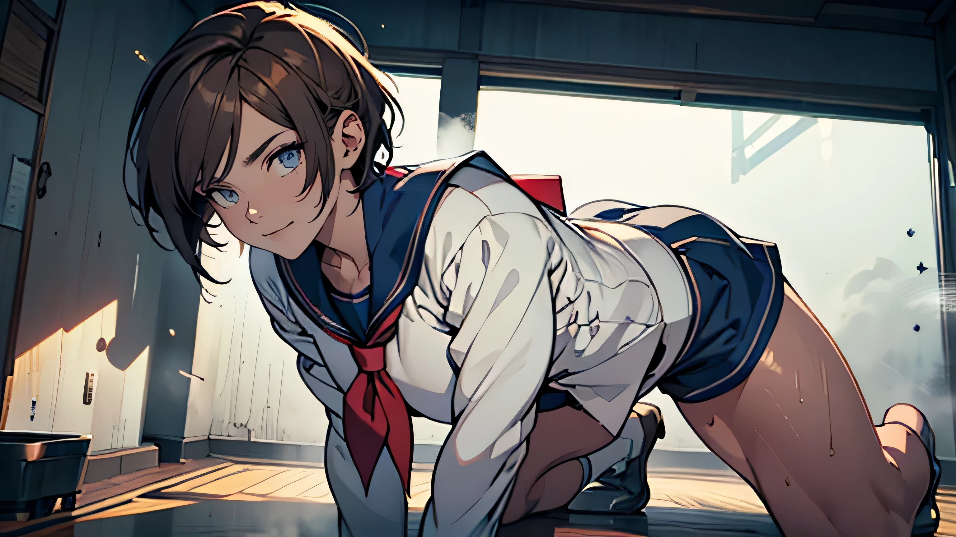 (High definition CG Unity 8k wallpaper). (masterpiece). (Highest quality). (Ultra definition). (Best illustration). (Best Shadow). (Absurd). 15 year old femboy. It's embarrassing. Sweat. steam. stare. Bob cut hairstyle. brown hair. Sailor suit. Navy shorts. Upturned eyes. , glowing fluorescent lights. Full body portrait. femboy. smile. 