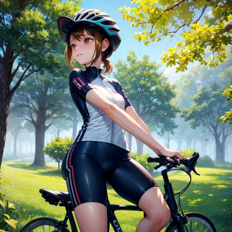 Girls riding bicycles　Cycling Paths　Cycling jersey and racing pants