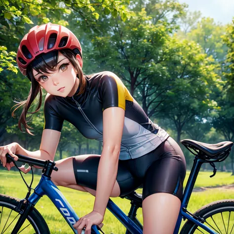 girls riding bicycles　cycling paths　cycling jersey and racing pants