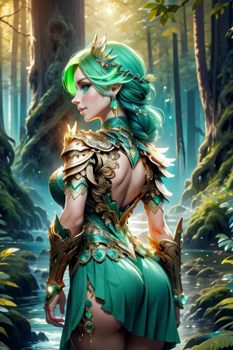 A woman in a green dress and armor standing in a forest 1girl, volumetric light, (bright scene:1.5), cliff,  depth of field, bok...