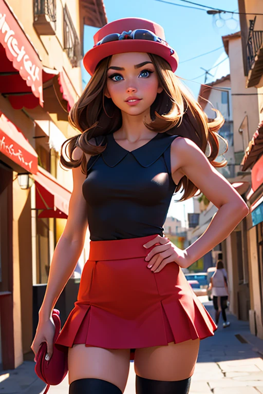 (ultra realistic,32k, masterpiece:1.2), (high detailed skin:1.1), (high quality:1.1), serena, long hair, blue eyes, brown hair, eyewear on head, hat, skirt, cameltoe, sunglasses, shirt, black shirt, sleeveless, red skirt, thigh highs, pink hat, Mediterranean town, outside outdoor cafe, coffee, sunshine, blurry background, (looking at viewer, standing,:1.1), (medium breasts,:0.9), (soft shaded neon light:1.1),