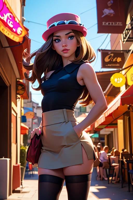 (ultra realistic,32k, masterpiece:1.2), (high detailed skin:1.1), (high quality:1.1), serena, long hair, blue eyes, brown hair, eyewear on head, hat, skirt, cameltoe, sunglasses, shirt, black shirt, sleeveless, red skirt, thigh highs, pink hat, Mediterranean town, outside outdoor cafe, coffee, sunshine, blurry background, (looking at viewer, standing,:1.1), (medium breasts,:0.9), (soft shaded neon light:1.1),