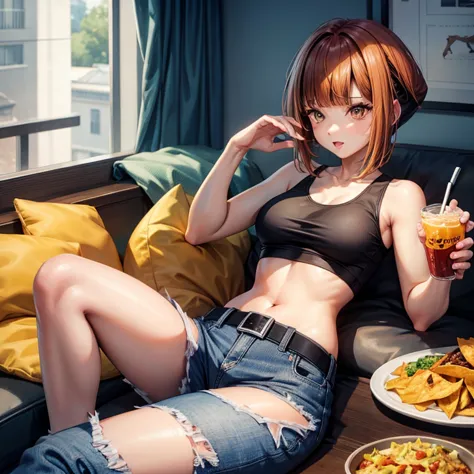 a woman in a tank top and full-zip shorts eating nachos at a taco stand　jeans have belts　　big butt　detail the buttocks　detailing...