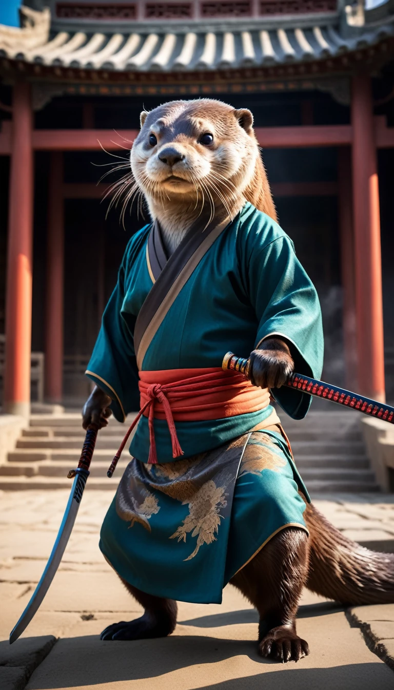 (best quality,4k,8k,highres,masterpiece:1.2),ultra-detailed,(realistic,photorealistic,photo-realistic:1.37),absurde, RAW photo, highly detailed, masterpiece, illustration, an otter in ninja outfit, holds katana,  immersive background of ancient japan, smoke elements in background and ground level, dynamic angle, world masterpiece theater, ink, Amazing, cinematic lighting, lens_flare, dunhuang_style