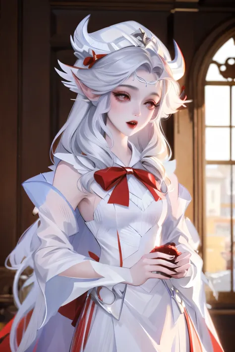 araffe dressed as a snow whitewith a red bow and a red bow, beautiful vampire queen, realistic role playing,