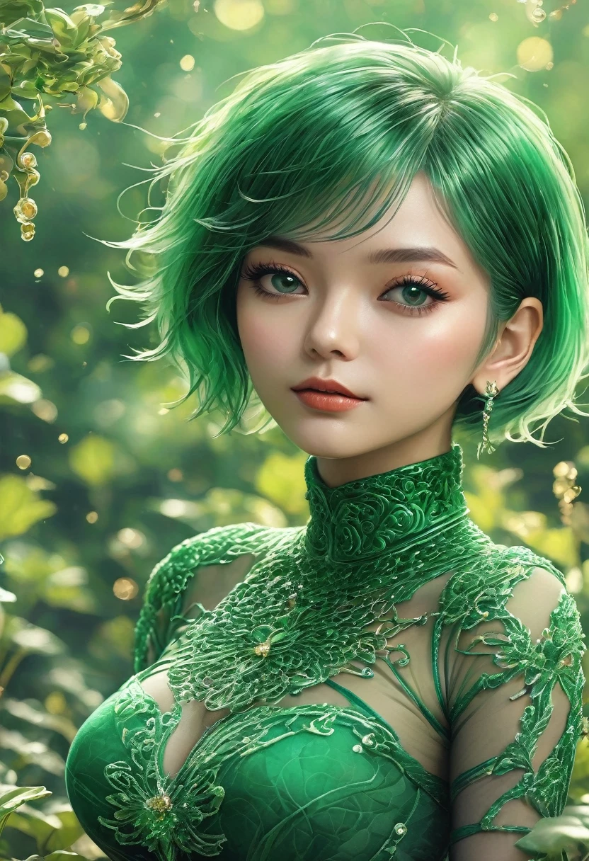 best quality, very good, 16K, ridiculous, Extremely detailed, Emerald，1 girl, solitary，short hair（（Sexy tights）），Large Breasts， （（best quality））， （（Intricate details））（8k）