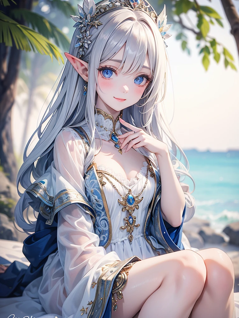 (master piece),(4k),high quality,flat chest,1girl,elf,long silver hair,pale skin,smile,beautiful detailed blue eyes, (Highly detailed elegant), Magical colors and atmosphere, Detailed skin,The background is soft and blurry,Add a dramatic and symbolic element to your scene, Depth of written boundary, Bokeh, Silky to the touch, Hyper Detail,sitting,in white beach,multilayered outfit