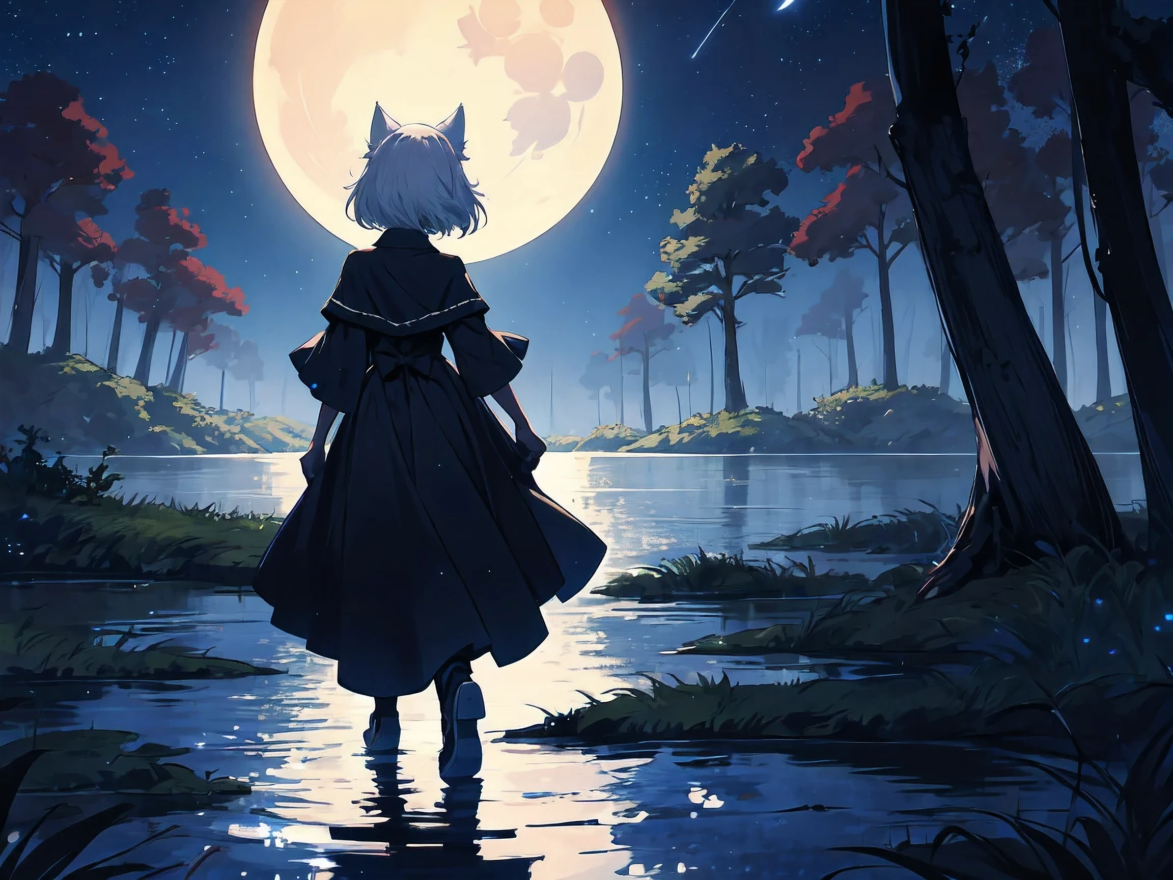 Magical and serene dog girl with short silver hair, luminous black stardust gown, walking by a forest lake as she watches the moon and stars reflect upon the water's surface
