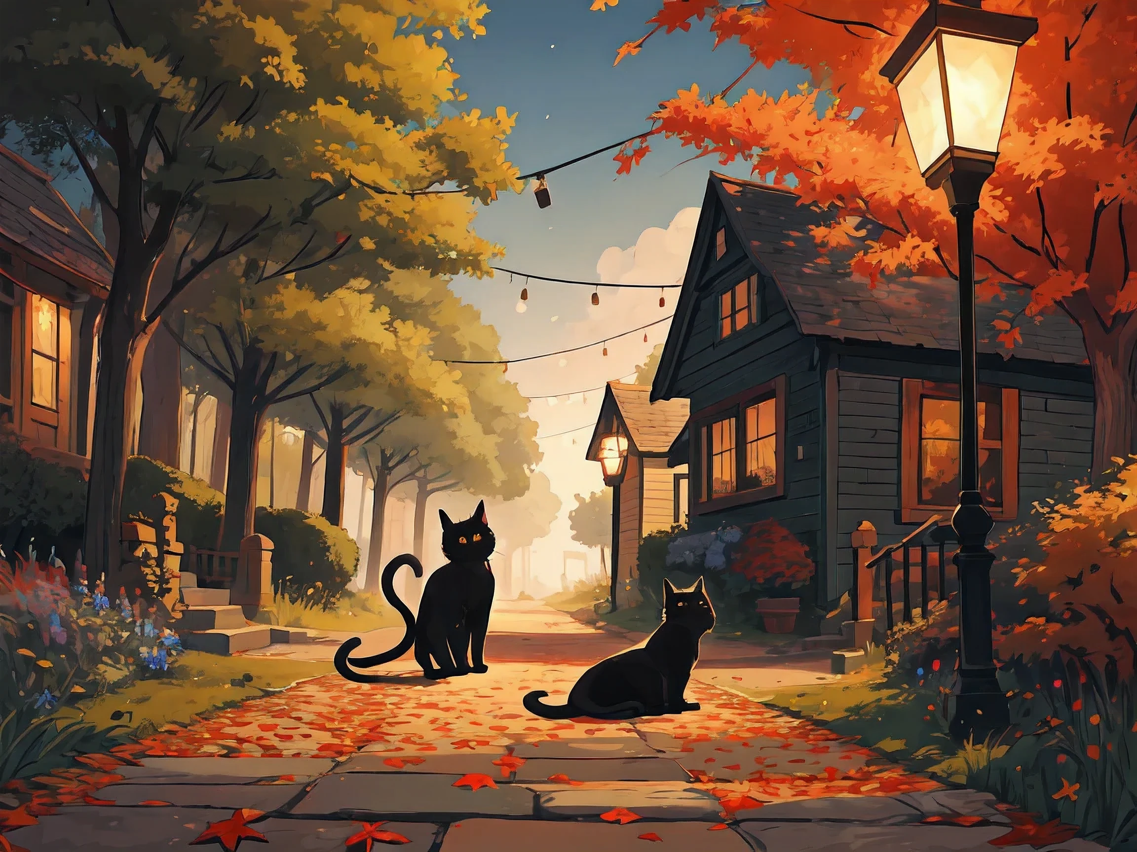 whimsical folk art illustration that depicts a magical autumn scene. It features five charming whimsical houses with glowing colorful stained glass windows, a winding stone pathway lined with flowers, trees have no leaf, and a black cat with big eyes sitting gracefully on the path. And there’s an old-fashioned street lamp casting a soft light at dusk.
