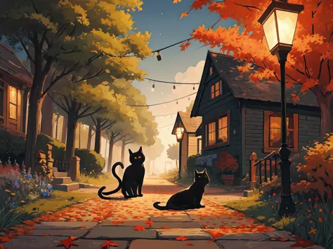 whimsical folk art illustration that depicts a magical autumn scene. it features five charming whimsical houses with glowing col...