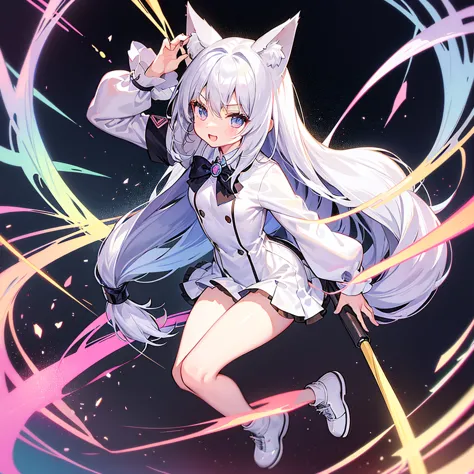 school anime style,ultra pretty,hyper cute small boy,
,silver long hair,cat ears,,