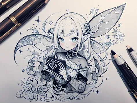 a surreal(((beautifully drawn love letter))), created by a tiny, cutely drawn surreal little fairy, featuring intricate ((( ink ...