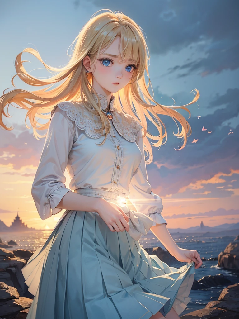 (​master piece),(top-quality:1.2),1 girl,exquisite details,Ultra-detailed,Vibrant colors, Soft tones, With warm and gentle lighting,ponytale blonde hair,Glowing hair,(blue eyes:1.3),beautiful detailed eyes,pale skin,A gentle feeling overflows, Warm golden glow,cowboy shot,An atmosphere full of happiness and laughter,A style that combines romanticism and realism,depth of love,color palettes,Create an ethereal atmosphere like a dream,Soft and diffuse lighting,masterpiece artwork,wearing a light blue tiered skirt,layered clothes,multilayered outfit,outdoor