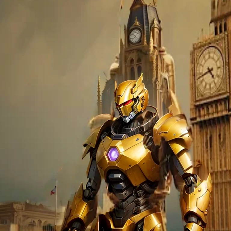 In front of the bell tower stands a golden giant mecha，Armor color plated