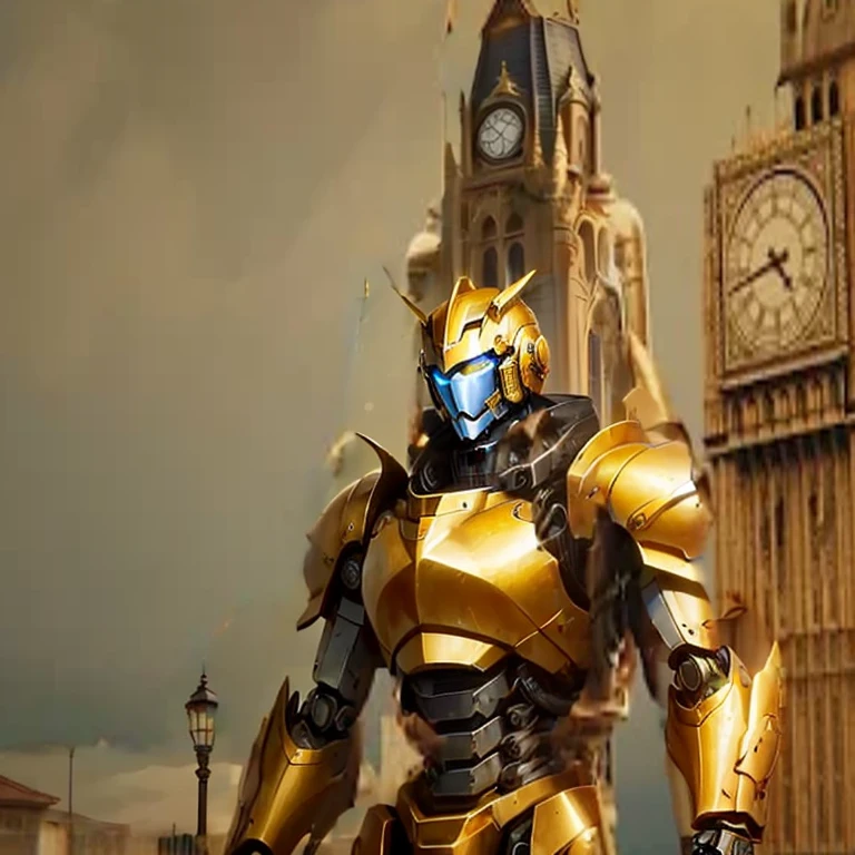 In front of the bell tower stands a golden giant mecha，Armor color plated