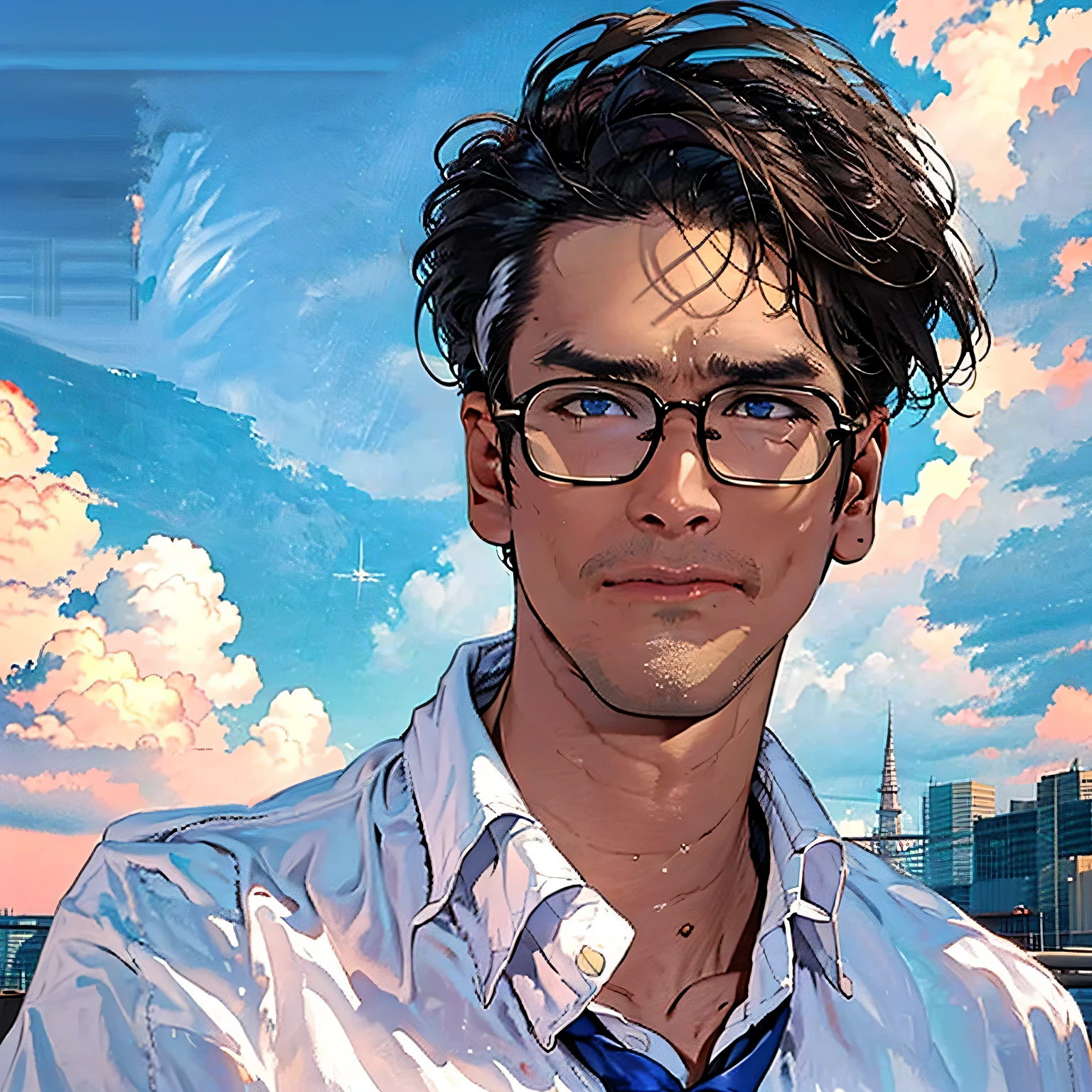 A man wearing glasses in tidy white shirt with blue necktie looking at the sky alone on rooftop of highrise, sunset sky, full of cloud, on cloud reflect the face of beautiful woman, cinematic scene, lonely tone, drama tone, heart-breaking tone,