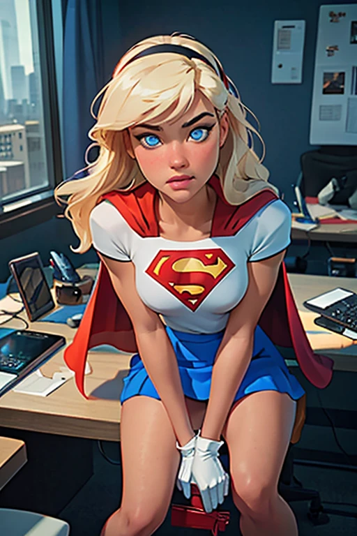 Masterpiece, raw, beautiful art, professional artist, 8k, very detailed face, very detailed hair, 1girl, Supergirl (blonde hair, long hair, hairband, blue eyes, gloves, red cape, blue skirt, white shirt), at the Daily Planet, in Lois' office, a sexy modern office, sitting on her desk, the desk is glass and see-through, POV, hot, horny, aroused, blushing, no labels, no branding, perfectly drawn body, beautiful face, long hair, very detailed eyes, rosey cheeks, intricate details in eyes, puckered lips, perfect fit body, beautiful body, extremely detailed, intricate details, highly detailed, sharp focus, detailed skin, realistic skin texture, texture, detailed eyes, high resolution, kodak vision color, foto_\(ultra\), post-processing, maximum detail, roughness, real life, ultra realistic, photorealism, photography, absurdres, RAW photo, highest quality, high detail RAW color photo, professional photo, extremely detailed UHD 8k wallpaper unit, best quality, highres, (masterpiece, top quality, high resolution:1.4), photo, cinematic, film grain, sharp, soft natural light, magic photography, super detailed